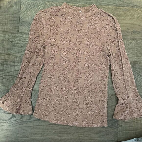 Free People Floral Lace Top Tan Bell Sleeve Size XS - Picture 1 of 4